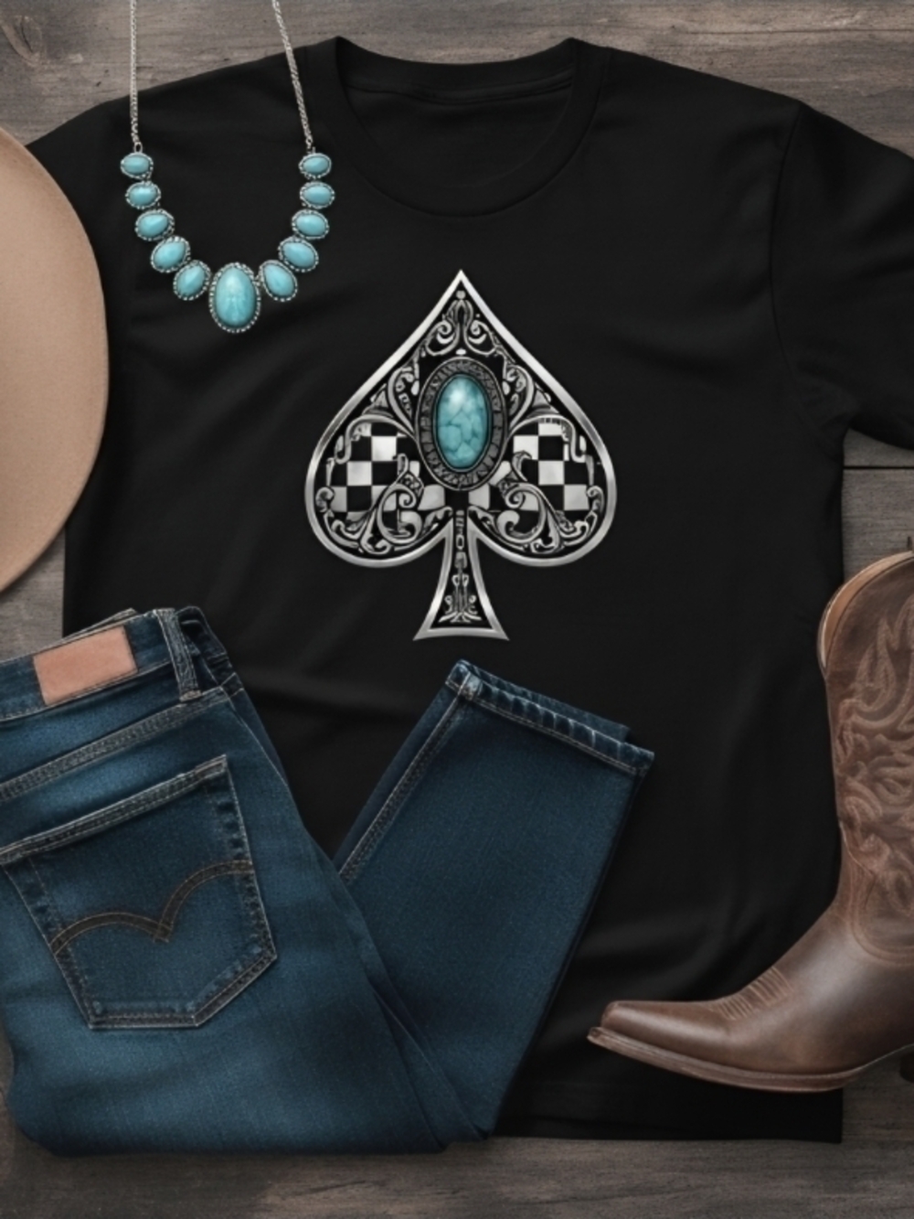 Turquoise Spade Graphic Tee | Western Boho Filigree Shirt | Checkerboard Vintage